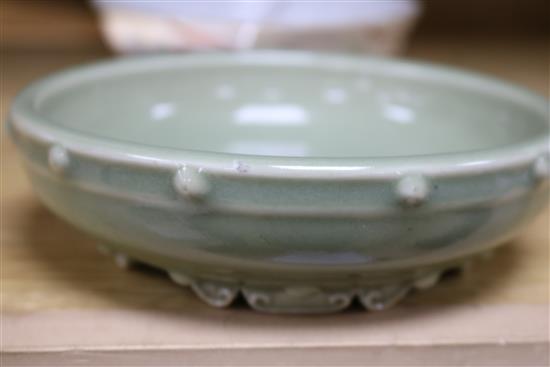 A Chinese celadon glazed brushwasher and five Tongzhi period porcelain dishes